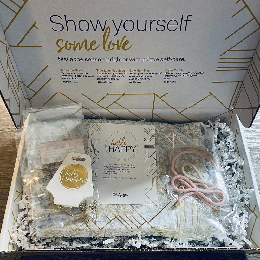 Hello Happy Love Box: Necklace, Tray, Pouch & Hair Ties NIB